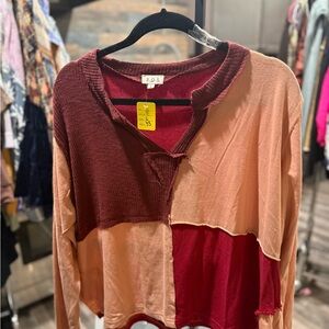 POL Burgundy and Peach Colorblock Top